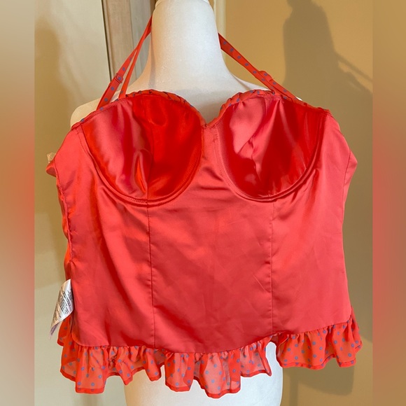 Guess corset vintage pin-up style top, red-orange + blue polka dots, bra top, S - Picture 4 of 5
